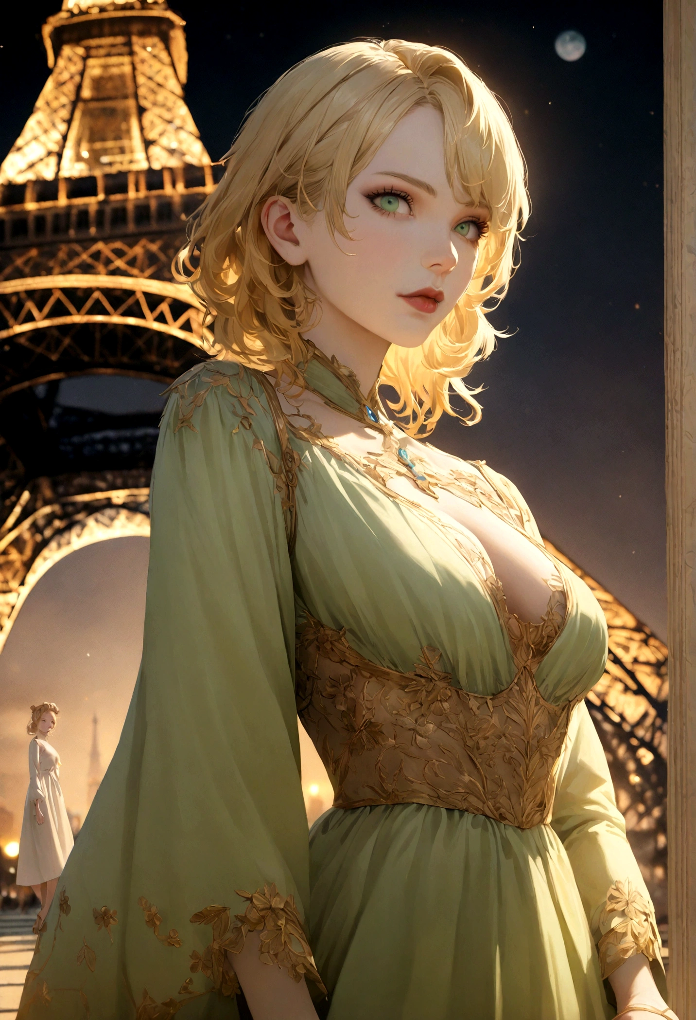 A poised and attractive woman with captivating light green eyes, ressemblant à l&#39;Ultra-realistic . jeune fille blonde, Elle porte du maquillage naturel, dégage un charme sexy dans une robe courte, blonde hair color and pose in the setting next to the ultra realistic ultra 4K effel tower