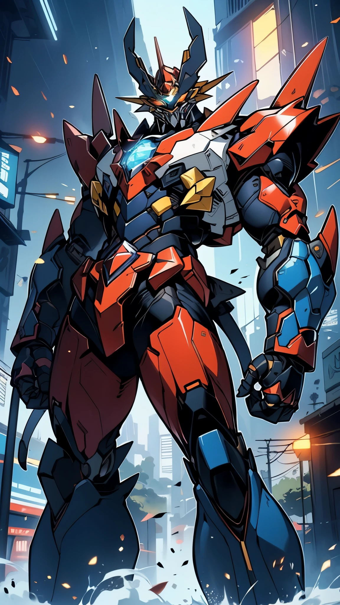 Humanoid Mecha, fully enclosed shoulder guards, matching arm and leg guards, full body, full armor, super robot, the design balances heavy with agility, (the color scheme is primarily white with red and blue accents, the concept Inspired by super robot, Lion concept chest armor, pose, standing, floating high above the futuristic sci-fi city), exquisite and mature art style, (aura effect, energy, glowing eyes, the armor glows), ((SRS)), metallic, dramatic, high definition, best quality, highres, ultra-detailed, ultra-fine painting, extremely delicate, professional, perfect body proportions, anatomically correct, symmetrical face, extremely detailed eyes and face, high quality eyes, creativity, RAW photo, UHD, 32k, Natural light, cinematic lighting, masterpiece-anatomy-perfect, masterpiece:1.5