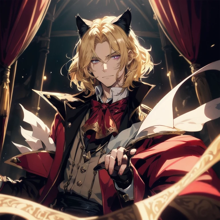 ((unreal engine, 4k high quality, trends of artstation, pixiv,soft render )) by Joseph Christian Leyendecker,aesthetics of vintage films,  solo portrait, , soft shadows, dark cinematic lighting, floodlight lighting, mystical,,   ((fantasy medieval setting, dnd,)) bard, Trickster, theater actor performing on stage, all attention is focused on him (dynamic shot, dynamic angle), rpg game character portrait,  The blond anime man is 25 years old, (sexy male, 1man, 1boy, prince),androgenic thin body, (wearing a victorian ruffled white shirt and cravat,) ruffle collar, an artist in fantasy leather armor, (Cat-like tiger ears on his head), (yellow blond hair, shoulder length wavy hair), short unruly hair ((hair tucked behind left ear, wavy forelock covers right eye)), asymmetrical parting elongated face, detailed beautiful face, ((Black sclera, red irises, demonic eyes)). sly charming smile, raised eyebrows, a relaxed , flirty, kind, curtsy, Glitter particles, purple-red-brown shades, mucha art deco,  (Schrodinger from Hellsing :1)  background with circus and theatrical motifs, fantasy eater stage and curtain on the background, detailed deformed hands, hands bend in the opposite direction, fingers bend in the opposite direction, cat tail