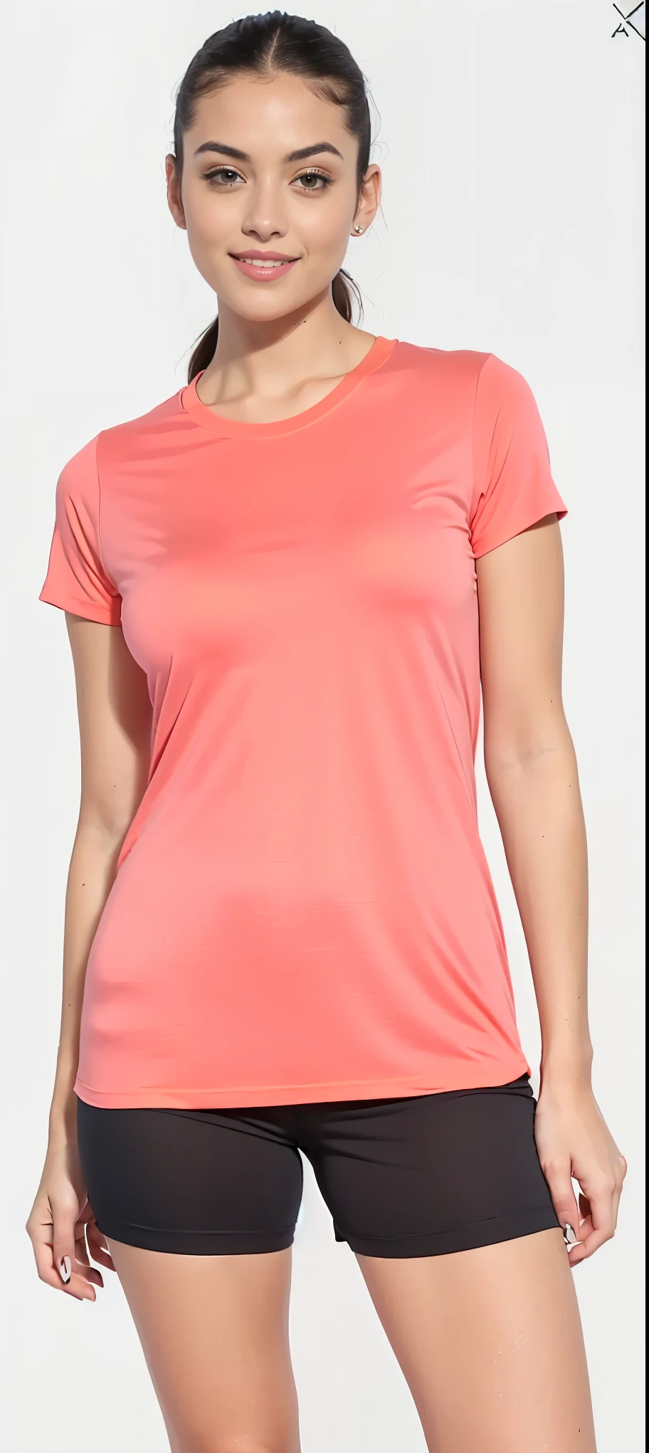 a woman in a blusa rosa and black shorts posing for a picture, Manga curta, wearing an orange Camiseta, sport Camiseta, vestindo uma camiseta laranja, blusa rosa, coral vermelho, camiseta, Camiseta, roupas esportivas, corar, roupas esportivas, camiseta, violet coloured Camiseta, coral, prana, blessing, vivid
