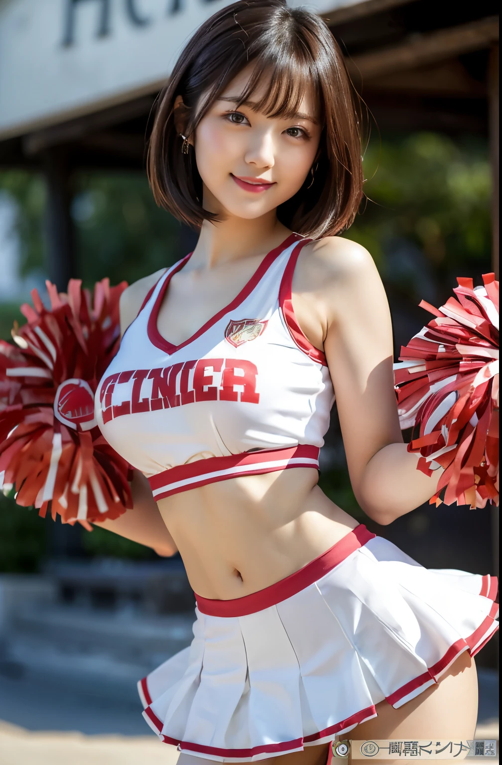(Best quality: 1.5), (Real: 1.5), (1 person: 1.5), (masterpiece), (Skinny body:1.5), full body, (Highly detailed), (High resolution), 8k, (slightly saggy and medium breasts), Natural colored lips, Japanese woman, 24 old girl, thin eyebrows, beautiful and elegant face, cute face, arched thin eyebrows, (big eyes with a good balance between the left and right sides), cute eyes, beautiful eyes, beautiful thin nose, beautiful face line, fair skin, beautiful and graceful features, natural bangs, beautiful and thin nose, beautiful skin , medium bob hair, bob hair, natural bangs, perfect and beautiful facial features, slim face and figure, (bright lighting), (professional lighting:1.5), (frontal lighting), beautiful cleavage, 1 girl, cute and sexy 24 old woman, slim Japanese woman, fair skin, (cute smile), Beautiful breasts, Large window room , Beautiful hip line, (slim hips:1.2), beautiful slim thighs, sexy pose, (Japanese idol:1.5), Beautiful detailed skin, (Cheerleader outfits that expose cleavage), (Cheerleader outfits that expose under bust), (Tight cheerleader outfits), (Cheer girls),