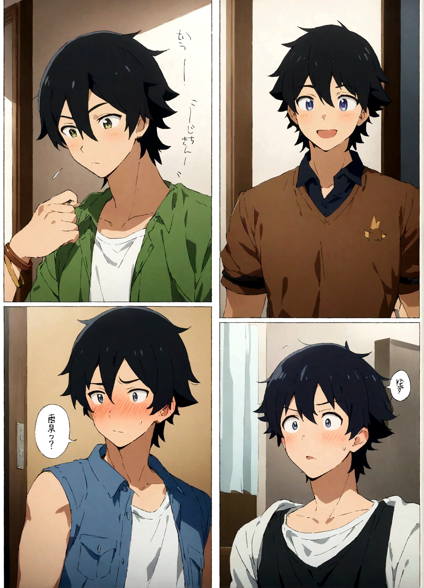 2boys,,,,,,boys,,,,,,male protagonist,,,Bright Eyes,blush,,Black Hair,Refreshing guy,,bright personality,Men's Focus,A rich expression,bracelet,Casual clothes,,Athletic Department Boys' Dormitory,Brainwashing infection in the dormitory leads to boys falling in love,,,Brainwashed into becoming gay,,,,Saliva,Anime character lookalike,creation,high resolution,4k,8k,quasi-masterpiece,highest quality,Anime Style,,Makoto Shinkai Style,,Cel animation art,,,,