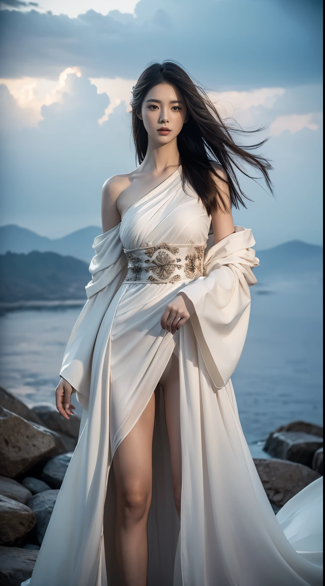 elaborate Hanfu, ((cowboy shot)), ((Bare shoulder)), ((Short hemlines, sexy long legs)), realistic detailed photo of a giant breasted girl with exposed shoulders, detailed fingers, high quality skin, red eyes, alone in a winter scene with clouds, wind, and flowing hair, (best quality,4k,8k,highres,masterpiece:1.2),ultra-detailed,(realistic,photorealistic,photo-realistic:1.37),studio lighting,vivid colors