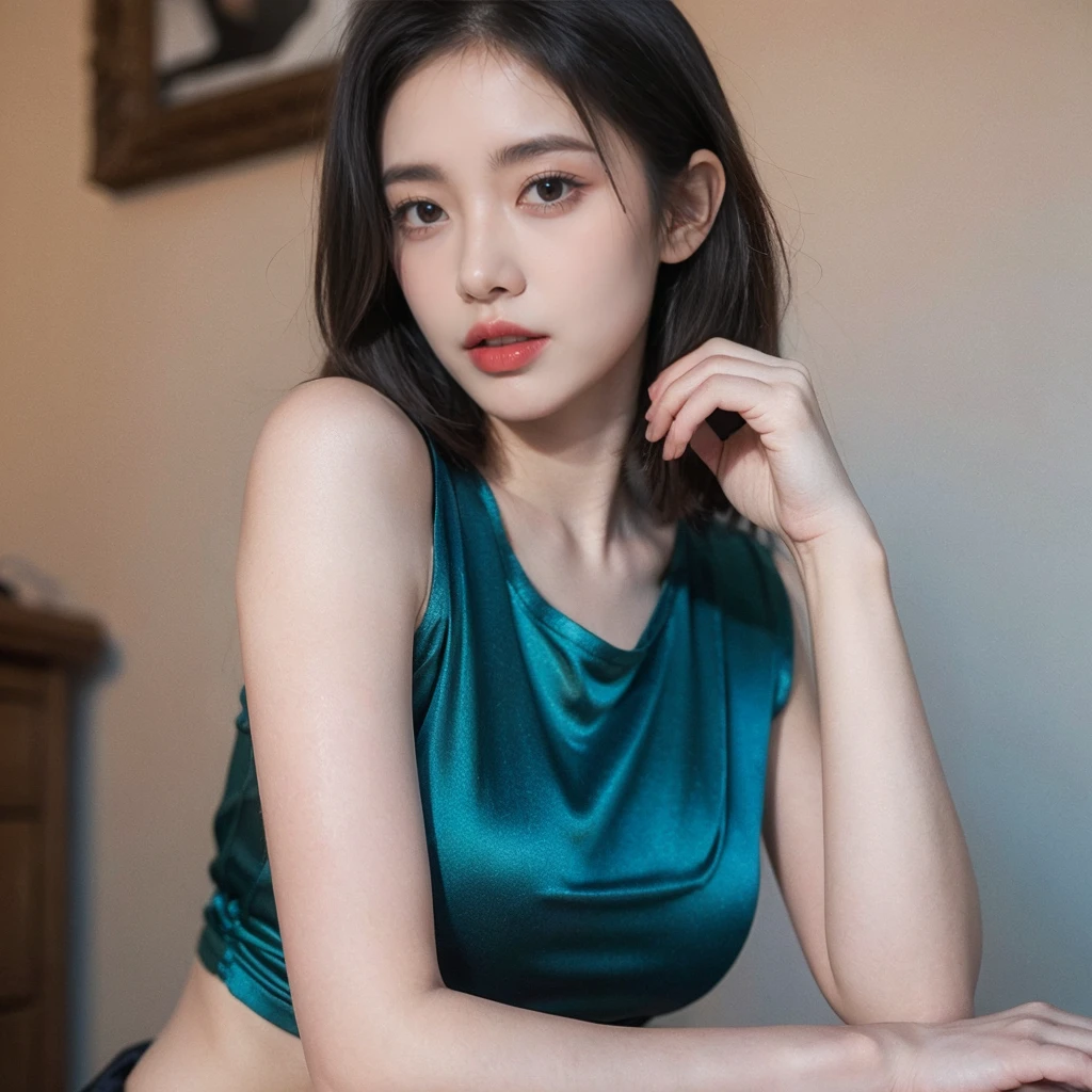 , cheveux verts, (cheveux bob). Wear a dark green t-shirt, gros seins naturels, ((porter un petit short vert en satin)), pose debout, fond gris