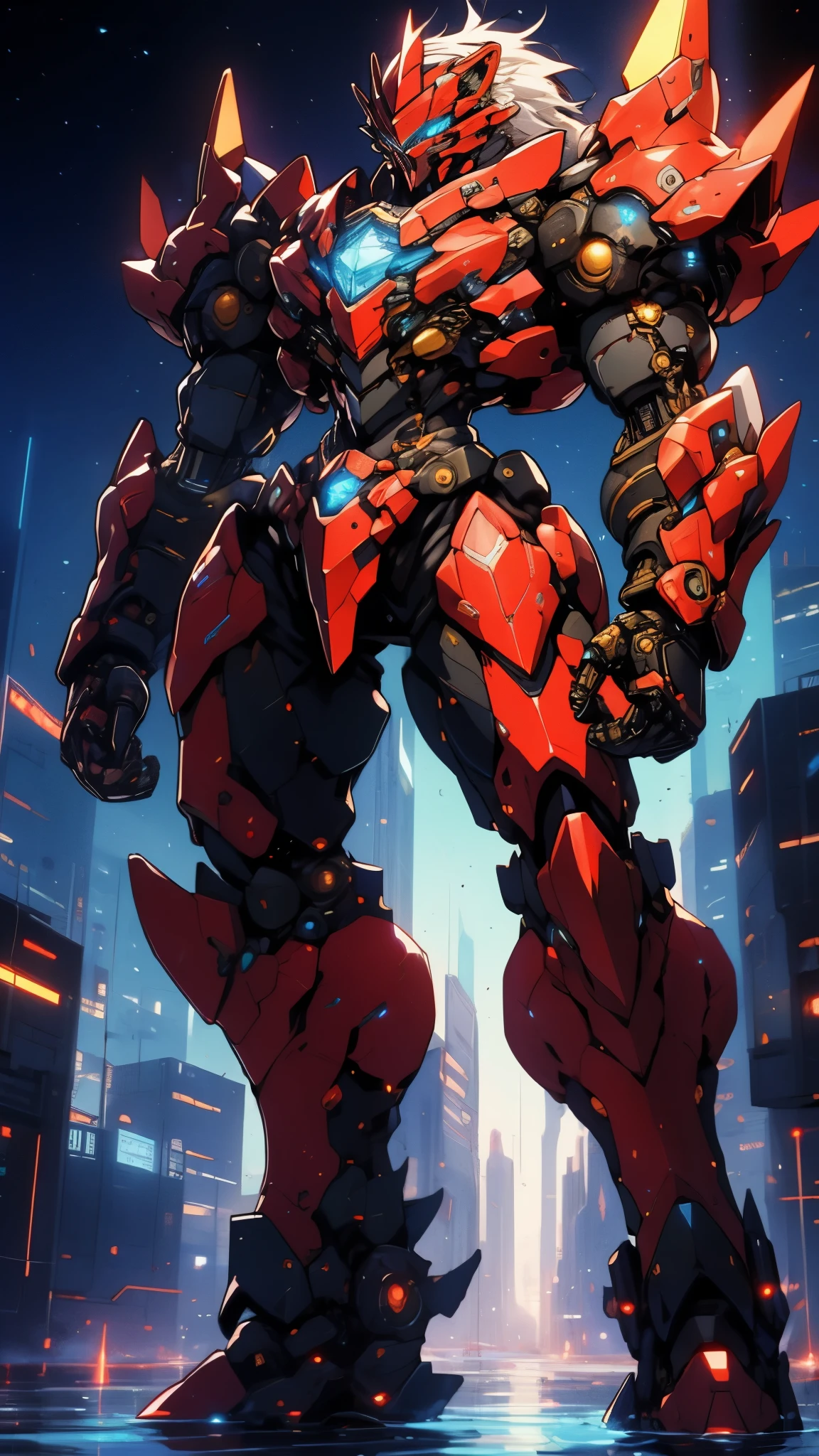 Humanoid Mecha, fully enclosed shoulder guards, matching arm and leg guards, full body, full armor, super robot, the design balances heavy with agility, (the color scheme is primarily white with red and blue accents, the concept Inspired by super robot, Lion concept chest armor, pose, standing, floating high above the futuristic sci-fi city), exquisite and mature art style, (aura effect, energy, glowing eyes, the armor glows), ((SRS)), metallic, dramatic, high definition, best quality, highres, ultra-detailed, ultra-fine painting, extremely delicate, professional, perfect body proportions, anatomically correct, symmetrical face, extremely detailed eyes and face, high quality eyes, creativity, RAW photo, UHD, 32k, Natural light, cinematic lighting, masterpiece-anatomy-perfect, masterpiece:1.5