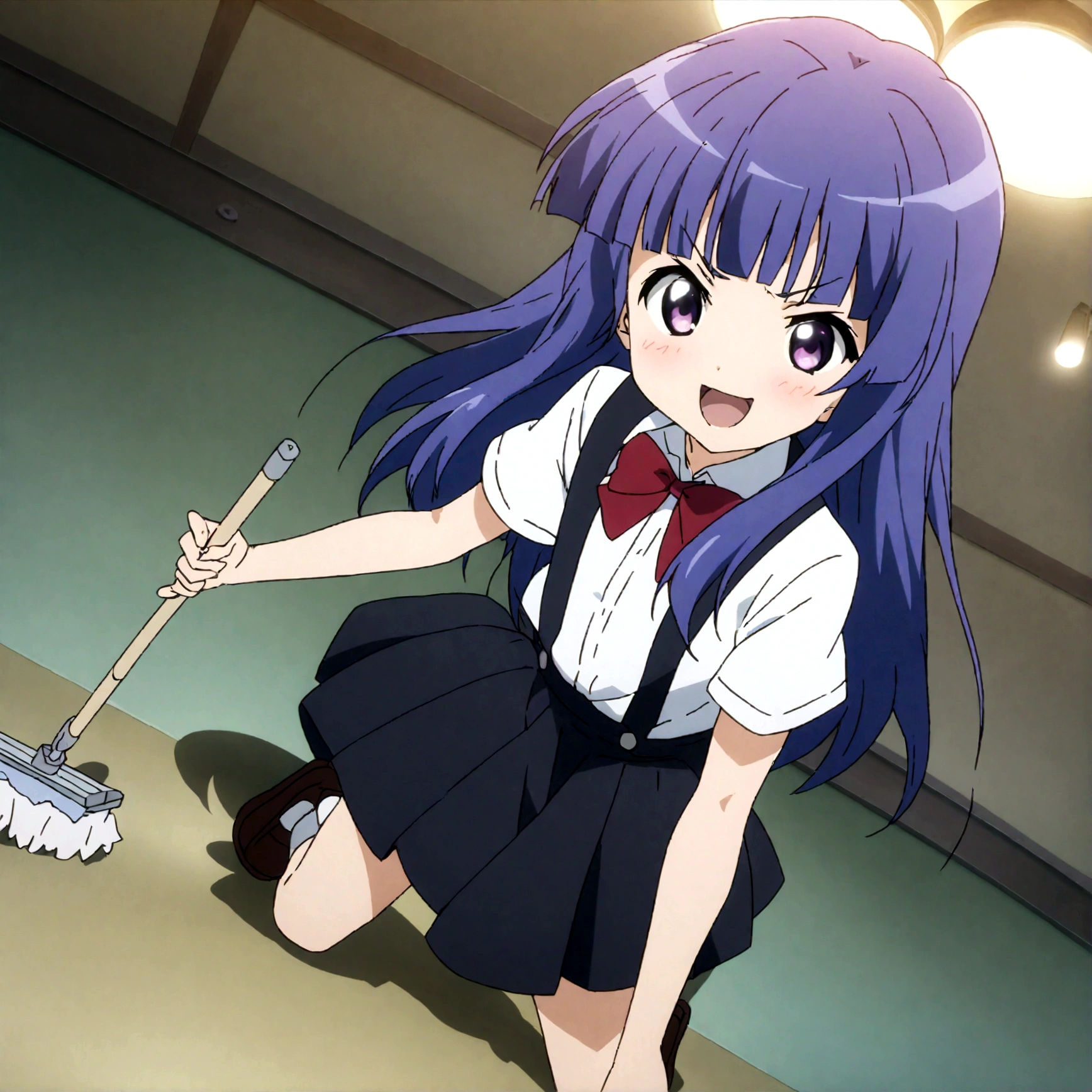score_9,score_8, score_8_up, BREAK 1girl, solo, furude rika, (tween), kawaii, blue hair, purple eyes, long hair, blunt bangs, bangs,, bow, skirt, shirt, suspenders, smile, short sleeves, pleated skirt, white shirt, open mouth, :d, red bow, facing viewer,^_^,smug,suspender skirt, black skirt, collared shirt, blush, bowtie, blunt bangs, dress shirt,masterpiece, best quality, source_anime,ceiling, ceiling light, great lighting, detailed shadows, detailed body, anime artwork,anime style, key visual, vibrant, studio anime, highly detailed, anime coloring,,battle stance,(fullbody),spread leg,holding mop,battoujutsu,motion blur,motion lines,dynamic angle,