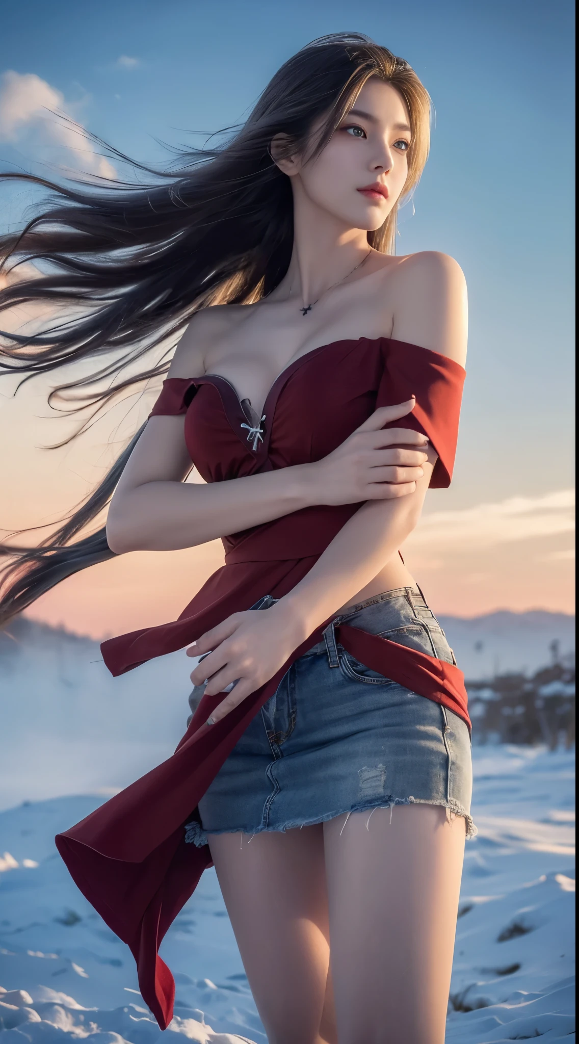 ((cowboy shot)), ((Bare shoulder)), ((Short hemlines, sexy long legs)), realistic detailed photo of a giant breasted girl with exposed shoulders, detailed fingers, high quality skin, red eyes, alone in a winter scene with clouds, wind, and flowing hair, (best quality,4k,8k,highres,masterpiece:1.2),ultra-detailed,(realistic,photorealistic,photo-realistic:1.37),studio lighting,vivid colors