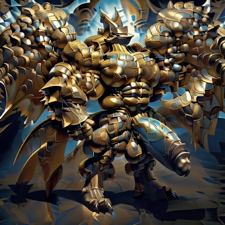 (LUCARIO, 8K), (Masterpiece, highres), (Golden armor, medieval armor, horned helmet, full armor), (Detailed head, Detailed Body, Detailed abs, full body), (wearing a cloak),
(gigantic muscles, Gigachad Muscular, big muscle, pecs, triceps, traps, unusually developed muscular body, body full of huge muscles. showing off muscles, pectorales enormes, Exaggeratedly huge muscles.),
(nj5furry, The claws are sharp, Sharp teeth, sharp claws), (long legs), (Golden wings, Spread wings, It has wings, have big wings), (black color hyper penis, hyper black penis, penis),