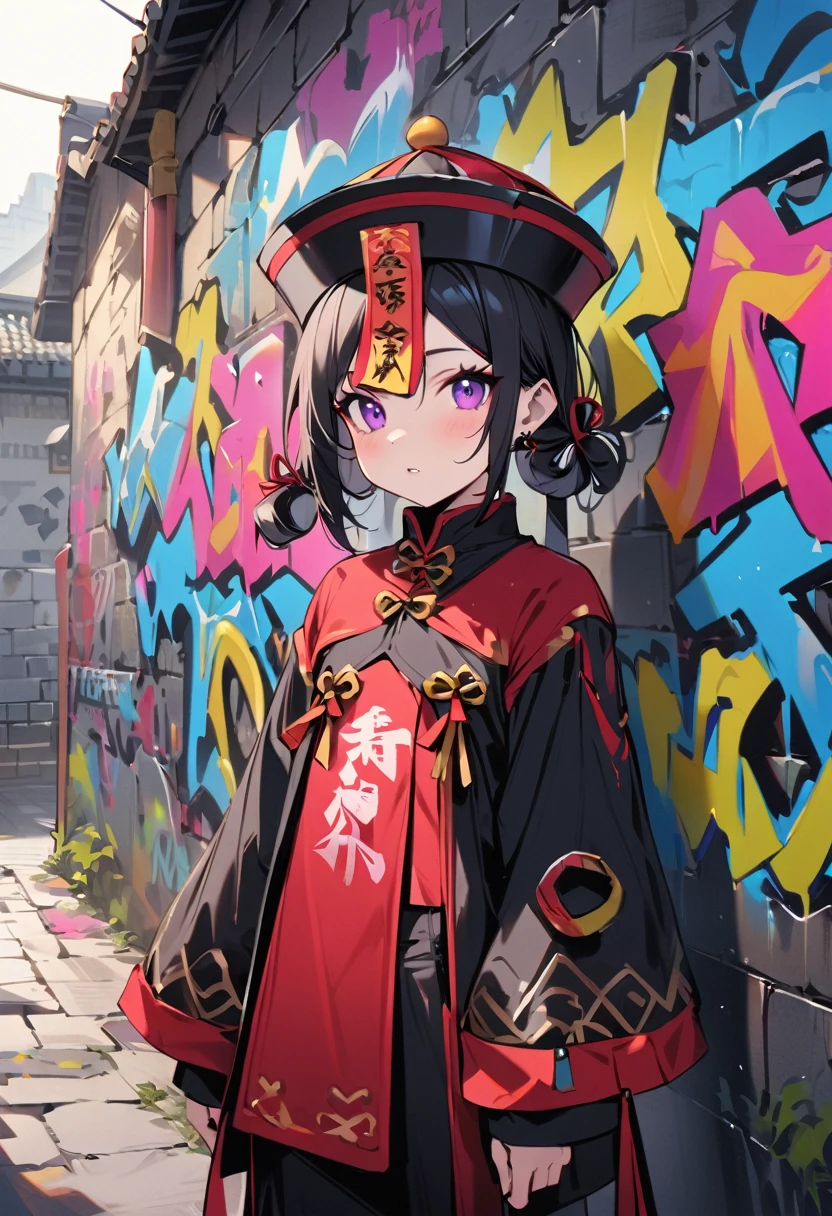 Graffiti art,pop,,(masterpiece, best quality:1.1), (ultra highres, ultra-detailed:1.2) ,Cute Jiangshi,Graffiti on the Great Wall,(inkpaint:1.3),