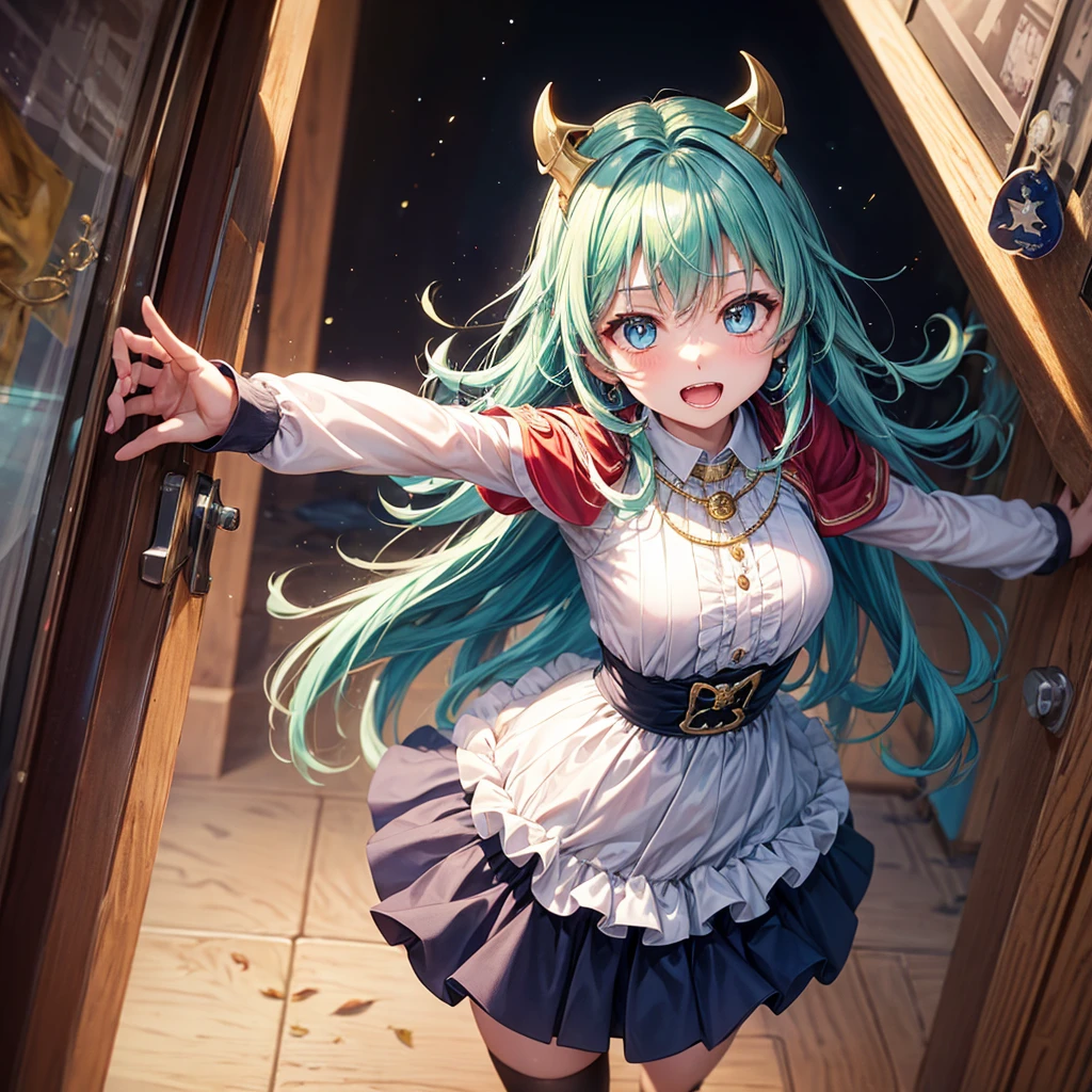 Aqua blue hair、Golden Eyes、Braid、One good looking girl、solo、anime、Checkered mini skirt、Ruffles on the skirt、Red T-shirt、Cape、Gothic、Black knee-high socks、bandana、Fluffy clothes、Wearing a ribbon、Ribbon on waist、Tilting face、Teeth are visible、Sunset sky、Piercing the clouds、Contrail、lotus leaves、Cumulonimbus、Pillar of Light、Silver coin necklace、A world of light、Spreading his arms for balance、shine、From above、Doors of Hell
