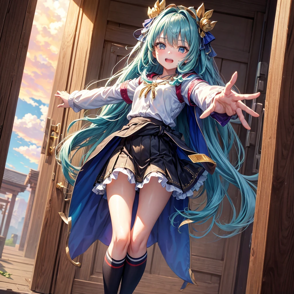 Aqua blue hair、Golden Eyes、Braid、One good looking girl、solo、anime、Checkered mini skirt、Ruffles on the skirt、Red T-shirt、Cape、Gothic、Black knee-high socks、bandana、Fluffy clothes、Wearing a ribbon、Ribbon on waist、Tilting face、Teeth are visible、Sunset sky、Piercing the clouds、Contrail、lotus leaves、Cumulonimbus、Pillar of Light、Silver coin necklace、A world of light、Spreading his arms for balance、shine、From above、Doors of Hell