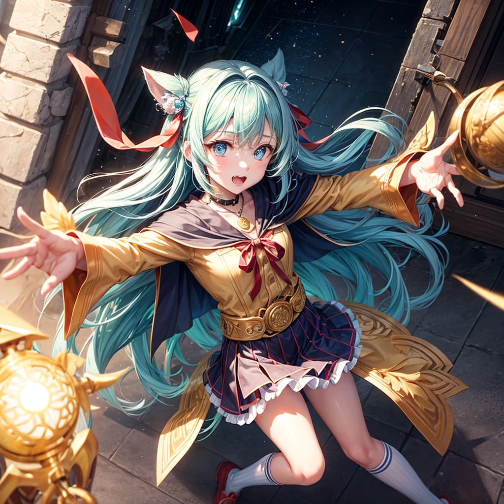 Aqua blue hair、Golden Eyes、Braid、One good looking girl、solo、anime、Checkered mini skirt、Ruffles on the skirt、Red T-shirt、Cape、Gothic、Black knee-high socks、bandana、Fluffy clothes、Wearing a ribbon、Ribbon on waist、Tilting face、Teeth are visible、Sunset sky、Piercing the clouds、Contrail、lotus leaves、Cumulonimbus、Pillar of Light、Silver coin necklace、A world of light、Spreading his arms for balance、shine、From above、Doors of Hell