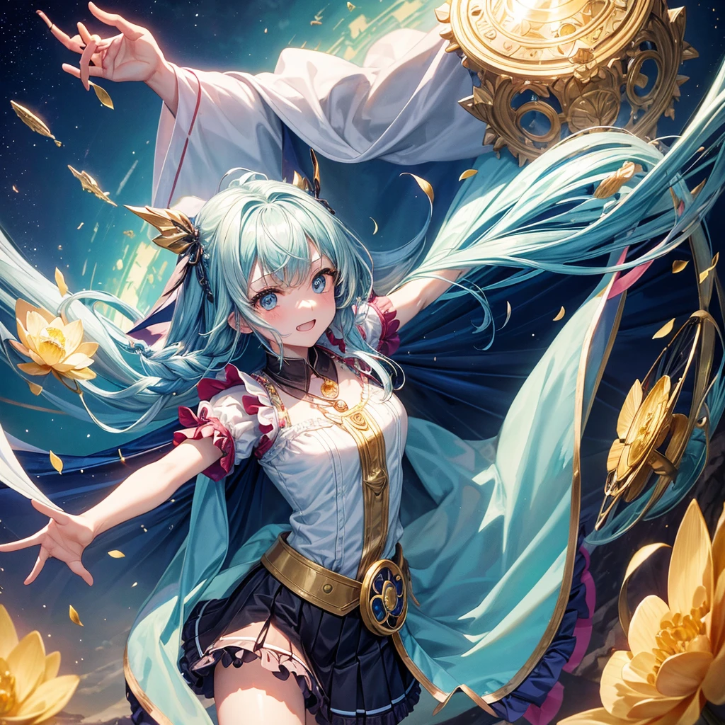 Aqua blue hair、Golden Eyes、Braid、One good looking girl、solo、anime、Checkered mini skirt、Ruffles on the skirt、Red T-shirt、Cape、Gothic、Black knee-high socks、bandana、Fluffy clothes、Wearing a ribbon、Ribbon on waist、Tilting face、Teeth are visible、Sunset sky、Piercing the clouds、Contrail、lotus leaves、Cumulonimbus、Pillar of Light、Silver coin necklace、A world of light、Spreading his arms for balance、shine、From above、Hell's Gate
