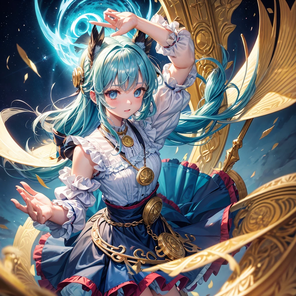 Aqua blue hair、Golden Eyes、Braid、One good looking girl、solo、anime、Checkered mini skirt、Ruffles on the skirt、Red T-shirt、Cape、Gothic、Black knee-high socks、bandana、Fluffy clothes、Wearing a ribbon、Ribbon on waist、Tilting face、Teeth are visible、Sunset sky、Piercing the clouds、Contrail、lotus leaves、Cumulonimbus、Pillar of Light、Silver coin necklace、A world of light、Spreading his arms for balance、shine、From above、Hell's Gate