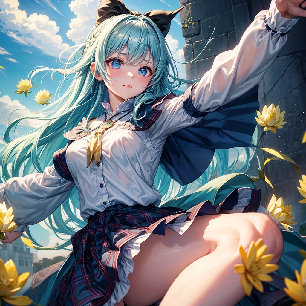 Aqua blue hair、Golden Eyes、Braid、One good looking girl、solo、anime、Checkered mini skirt、Ruffles on the skirt、Red T-shirt、Cape、Gothic、Black knee-high socks、bandana、Fluffy clothes、Wearing a ribbon、Ribbon on waist、Tilting face、Teeth are visible、Sunset sky、Piercing the clouds、Contrail、lotus leaves、Cumulonimbus、Pillar of Light、Silver coin necklace、A world of light、Spreading his arms for balance、shine、From above、Hell&#39;s Gate