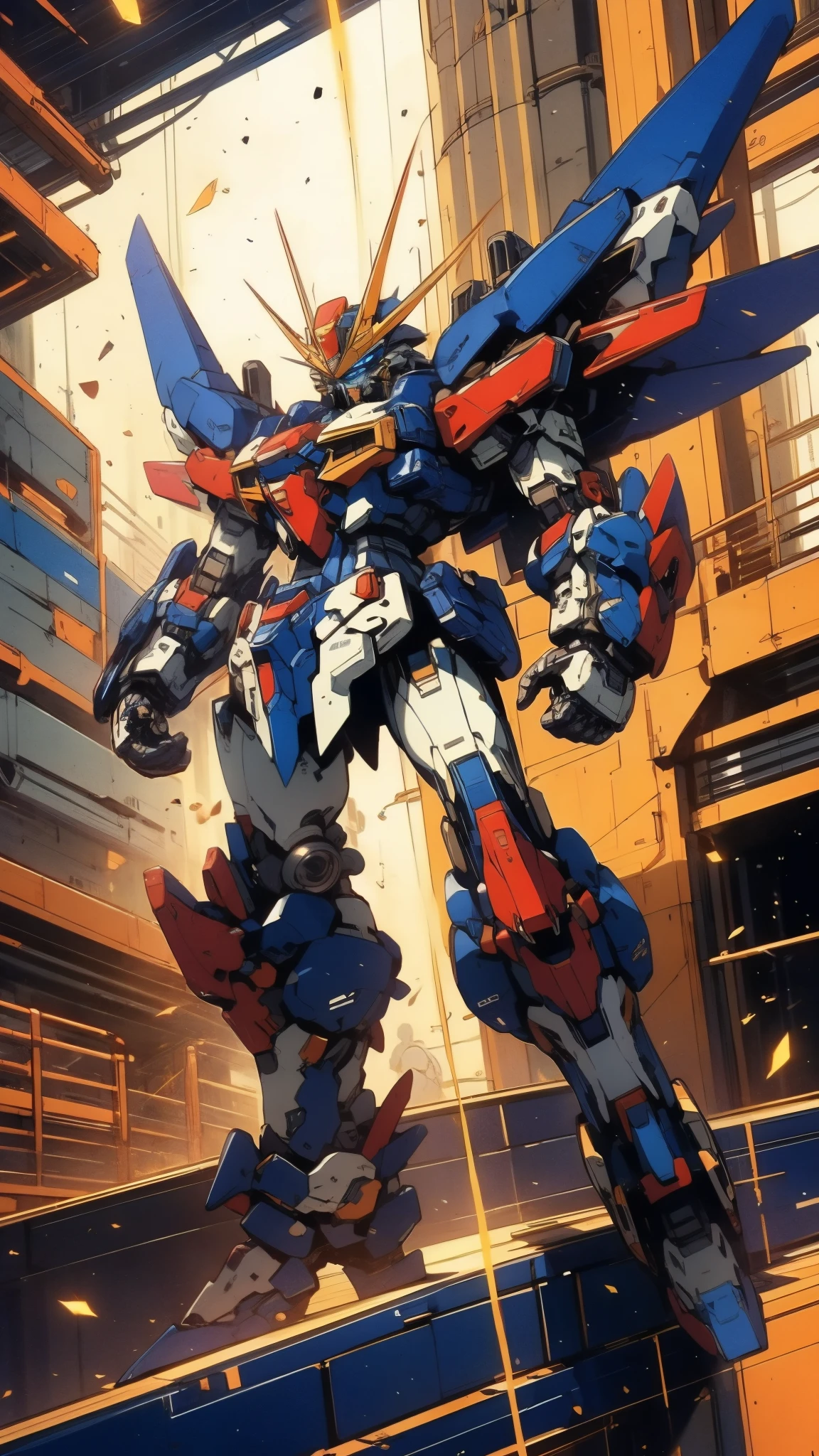 Humanoid Mecha, fully enclosed shoulder guards, matching arm and leg guards, full body, full armor, super robot, the design balances heavy with agility, (the color scheme is primarily white with red and blue accents, the concept Inspired by super robot, Lion concept chest armor, pose, standing, floating high above the futuristic sci-fi city), exquisite and mature art style, (aura effect, energy, glowing eyes, the armor glows), ((SRS)), metallic, dramatic, high definition, best quality, highres, ultra-detailed, ultra-fine painting, extremely delicate, professional, perfect body proportions, anatomically correct, symmetrical face, extremely detailed eyes and face, high quality eyes, creativity, RAW photo, UHD, 32k, Natural light, cinematic lighting, masterpiece-anatomy-perfect, masterpiece:1.5
