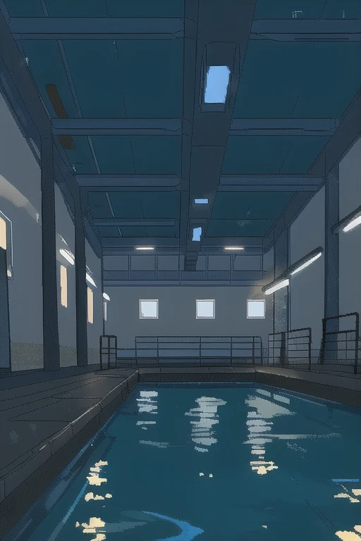 In the pharmaceutical factory,dark,Dot plot,Pixel style,unmanned,environment,Empty,阴dark,Old factory。open air,Feeding area,6 separate pools,The water is cloudy,open air无顶棚,dirty,Water monster floating,Giant salamander breeding site