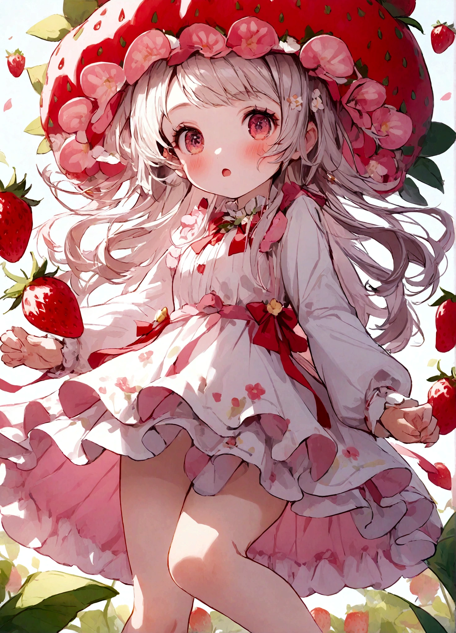 pink Candy wears a big strawberry hat with a red ribbon, Long sleeve white dress, And bare feet. 彼女のpinkの前髪はイチゴの帽子の下から覗いていて、Each eye has three eyelashes。. Shine; Sparkling strawberry flowers