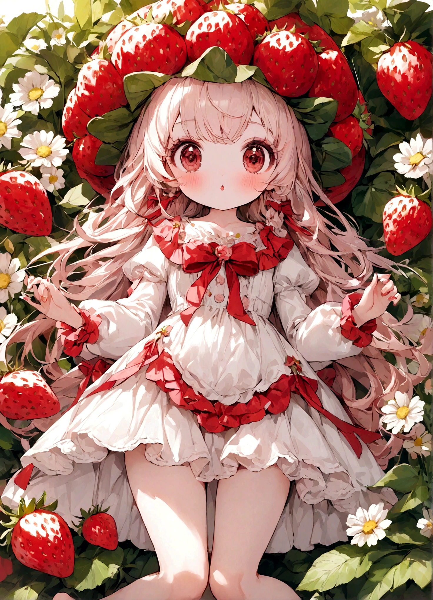 pink Candy wears a big strawberry hat with a red ribbon, Long sleeve white dress, And bare feet. 彼女のpinkの前髪はイチゴの帽子の下から覗いていて、Each eye has three eyelashes。. Shine; Sparkling strawberry flowers
