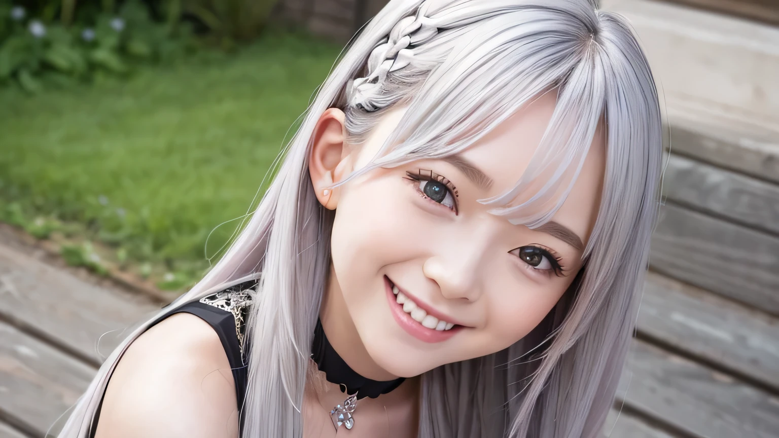 highest quality, Learning, Detailed Hair, High resolution, ,necklace, hair ornaments, (Beautiful Face), beautiful girl、Her hair is light grey and pale pink、Smiling、have large breasts、Looking up、Black Dress、choker、Smiling、The ends of the hair are curled、Little devil
