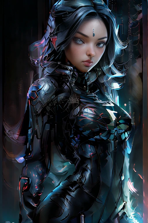 (((medium full shot))), (photorealistic, photorealism, best quality, ultra-detailed:1.3), (nice hands, perfect hands), official art, cinematic light, (1girl:1.3), adult, Commander Shepard \(mass effect\), solo, black hair, bubble butt, belt, (bodysuit), blue background