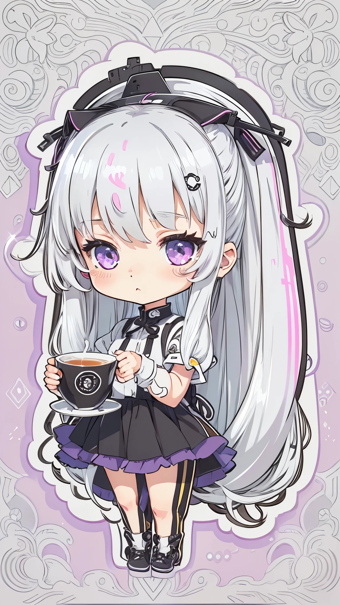 sticker, Cute anime girl avatar, Long silver-white hair style,Purple Eye,Black ears, Wearing a black dress, Drink tea, Circle, White background, bright pink, simple, Super detailed, Detailed picture, Vectorization, contour, 8K, Professional sticker design, flat design, Vector Lines, sticker, , , Full HD