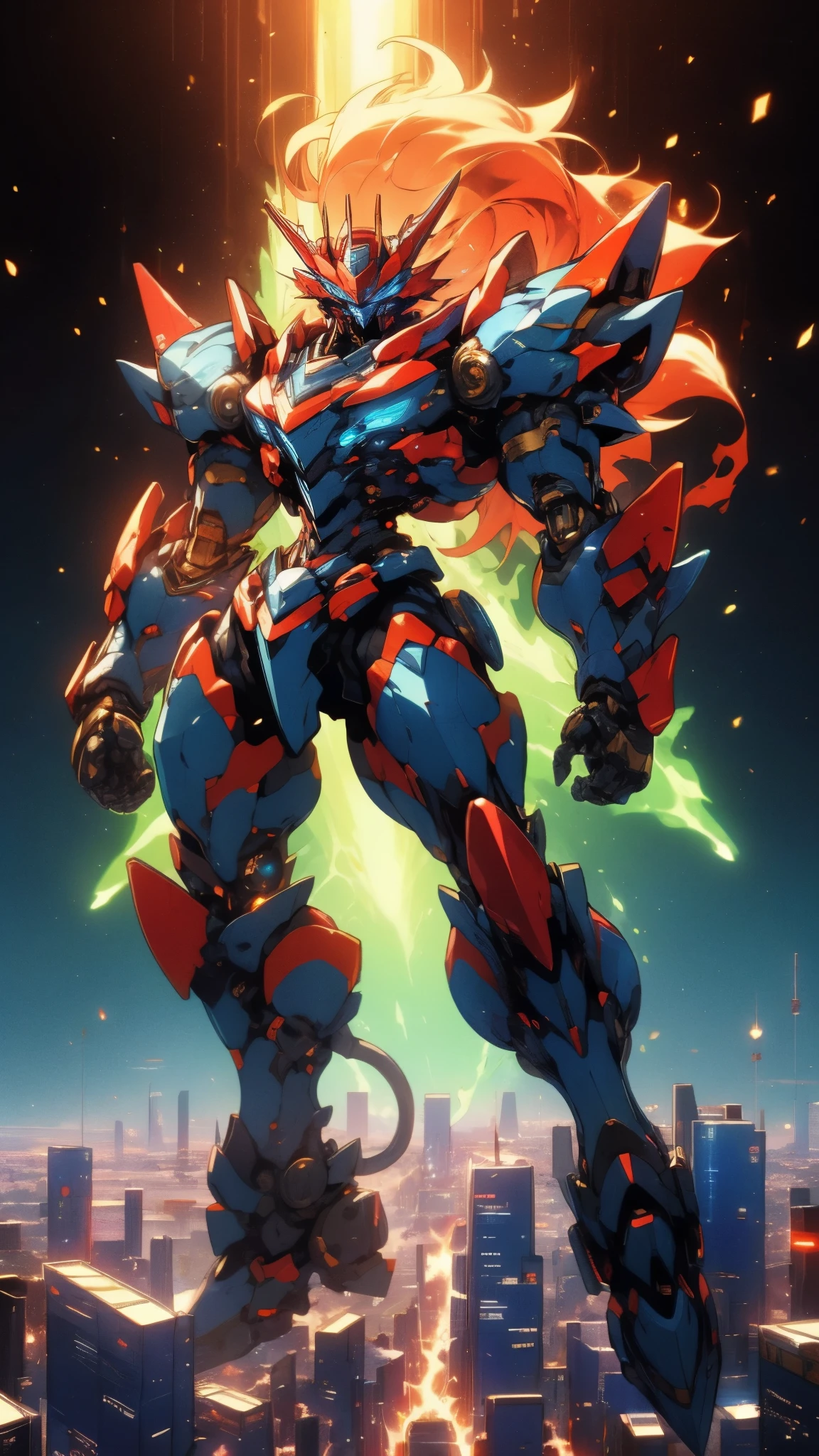 Humanoid Mecha, fully enclosed shoulder guards, matching arm and leg guards, full body, full armor, super robot, the design balances heavy with agility, (the color scheme is primarily white with red and blue accents, the concept Inspired by super robot, Lion concept chest armor, pose, standing, floating high above the futuristic sci-fi city), exquisite and  art style, (aura effect, energy, glowing eyes, the armor glows), ((SRS)), metallic, dramatic, high definition, best quality, highres, ultra-detailed, ultra-fine painting, extremely delicate, professional, perfect body proportions, anatomically correct, symmetrical face, extremely detailed eyes and face, high quality eyes, creativity, RAW photo, UHD, 32k, Natural light, cinematic lighting, masterpiece-anatomy-perfect, masterpiece:1.5