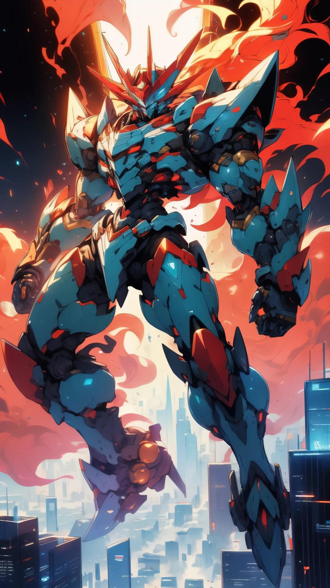 Humanoid Mecha, fully enclosed shoulder guards, matching arm and leg guards, full body, full armor, super robot, the design balances heavy with agility, (the color scheme is primarily white with red and blue accents, the concept Inspired by super robot, Lion concept chest armor, pose, standing, floating high above the futuristic sci-fi city), exquisite and mature art style, (aura effect, energy, glowing eyes, the armor glows), ((SRS)), metallic, dramatic, high definition, best quality, highres, ultra-detailed, ultra-fine painting, extremely delicate, professional, perfect body proportions, anatomically correct, symmetrical face, extremely detailed eyes and face, high quality eyes, creativity, RAW photo, UHD, 32k, Natural light, cinematic lighting, masterpiece-anatomy-perfect, masterpiece:1.5