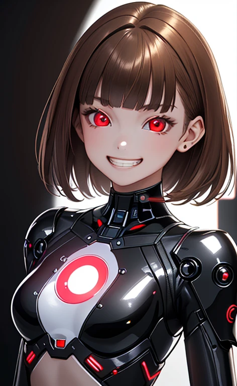 (Photorealistic:1.4)、(,20-year-old:1.5),(masterpiece、lens flare:1.5、spot light:1.2、Exquisite beautiful eye:1.5,portlate),(kind eyes、tareme:1.2),()
、Cute Face、 3D Face、(light brown hair:1.5)、(short hair),(very long sidelock :1.5),(blunt bangs:1.3),(1 woman)、(Red eyes:1.2)、(upper body:1.5)、(grin:1.5)、(head tilt) ,(Cute face:1.2),(flat chest),(),kind face,(cyber punk fashion),(black background:1.5)、(glowing eyes:1.3)、()、 Neat and clean、Adorable、Demure,Slim Body(),Shiny Hair、()、Nijisketch,Manga,smiley face, grin