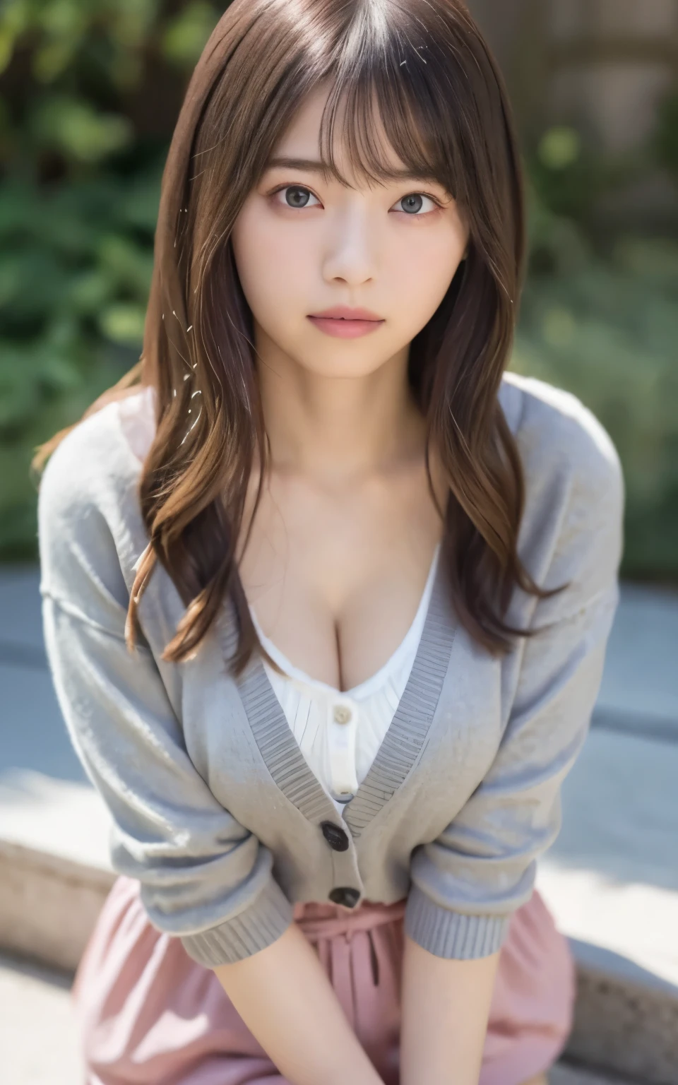 masterpiece, highest quality, 8k, 20th Generation, Big Breasts, cute, alone, sad, cute, Girlish, Delicate girl, Pure beauty, RAW Photos, Professional photography, Portraiture, Soft Light, Professional Lighting, Backlight, Head to Knee, avert your eyes, Sophisticated, Film Grain, (Eye and facial details:1.0), floating short hair, beautiful, Flowing hair, bangs, (A loose cardigan(Grayish pink))、(Big Breasts:1.2)、A little bit of cleavage is visible、Micro Mini Skirt、Voluptuous thighs、dolly make、Heterochromia iridis、The left and right eyes are different colors