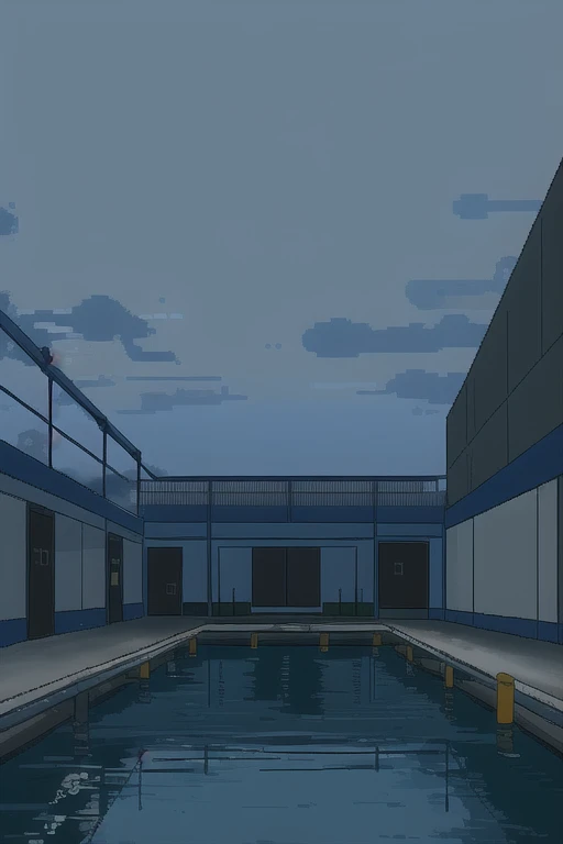 In the pharmaceutical factory，dark，Dot plot，Pixel style，unmanned，environment，Empty，阴dark，Old factory。open air，Feeding area，The water is cloudy，open air无顶棚，dirty，Water monster floating，阴dark