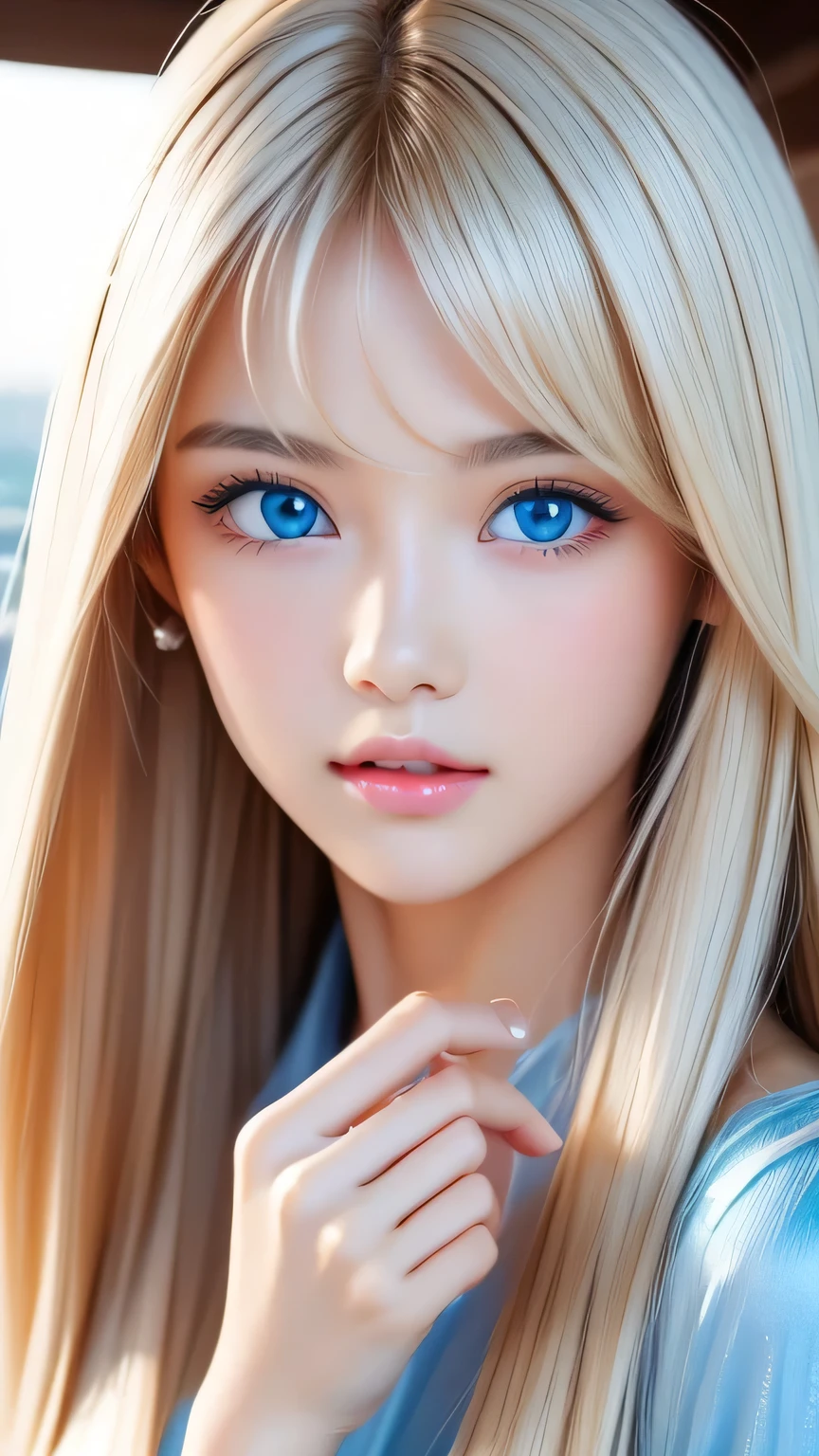 Perfect beautiful face、Beautiful cute girl 20 years old、Sexy and very beautiful cute face、Beautiful cute sexy sky blue eyes、Very super long beautiful shiny silky straight pearl blonde hair、Super long beautiful bangs、White skin、Glossy Skin、Gloss Face、Cheek gloss、Hair above the eyes、片Hair above the eyes、Hair between the eyes、