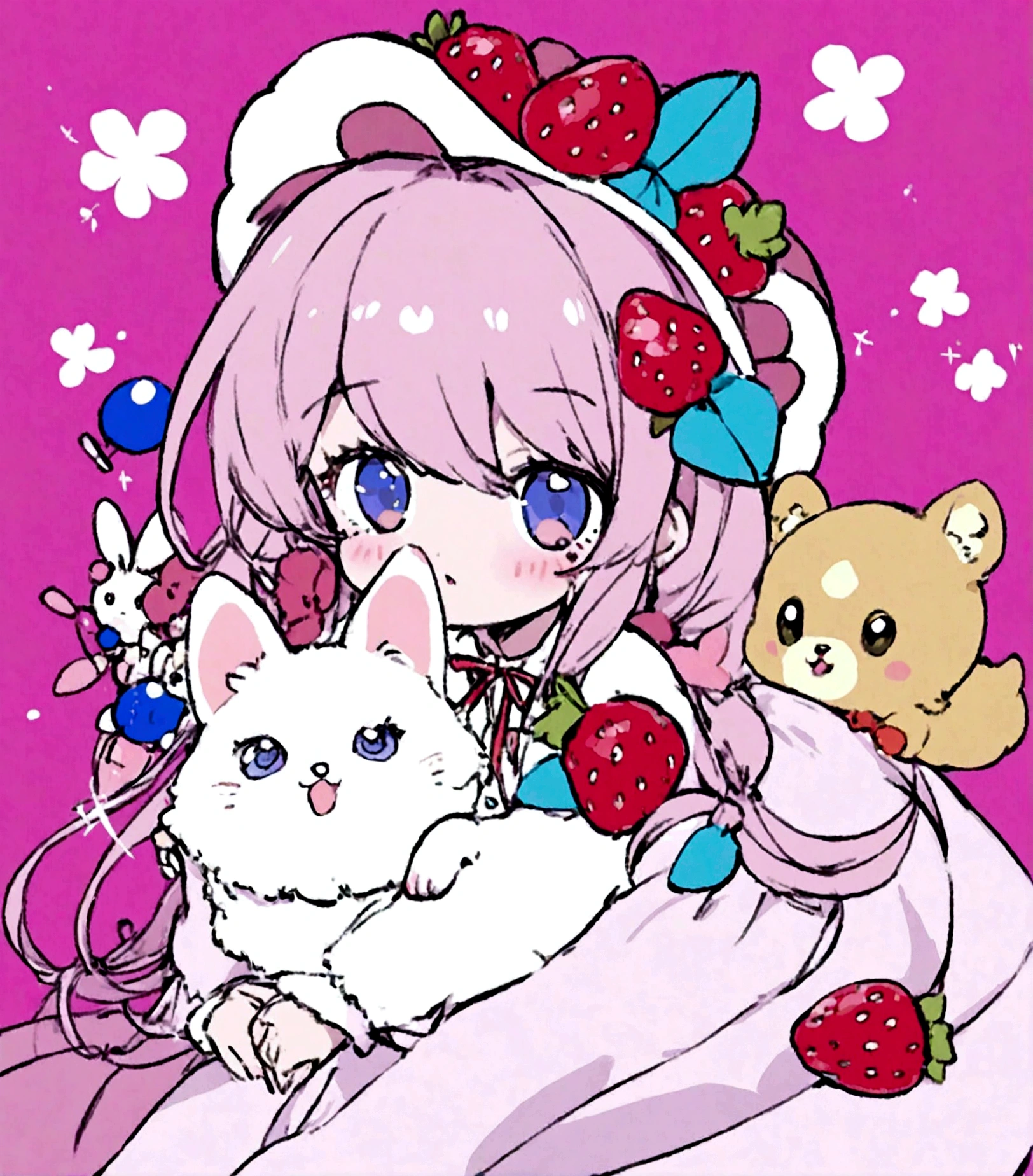 pink Candy wears a big strawberry hat with a red ribbon, Long sleeve white dress, And bare feet. 彼女のpinkの前髪はイチゴの帽子の下から覗いていて、Each eye has three eyelashes。. Shine; Sparkling strawberry flowers