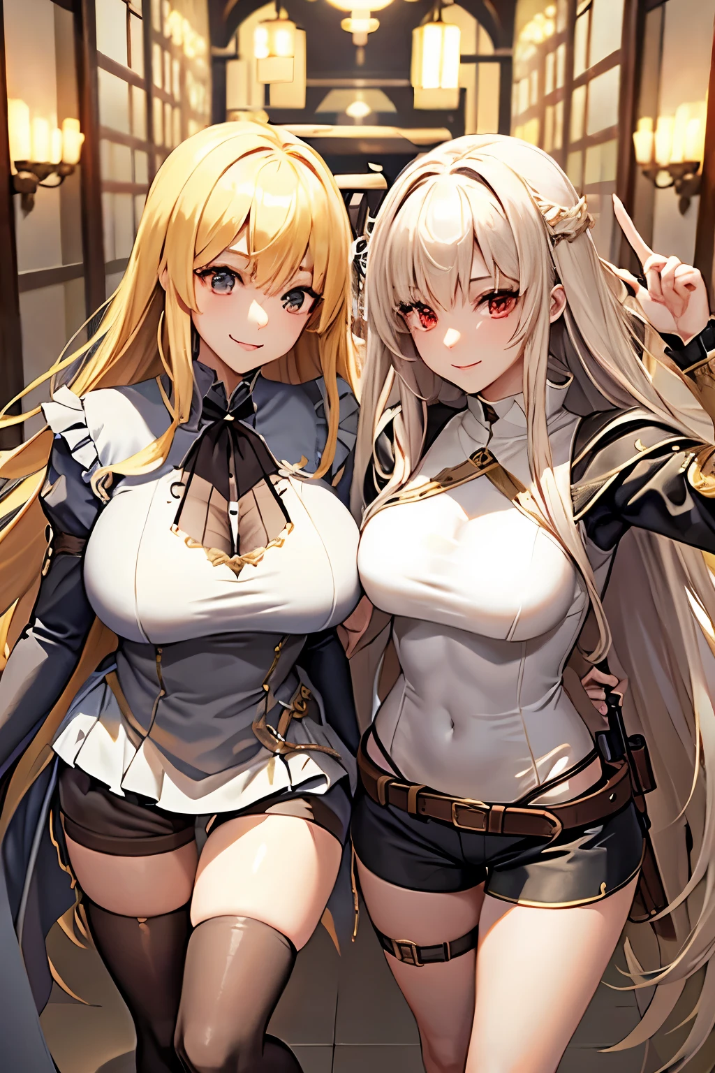 (((highest quality、first-class、masterpiece、Normal body、8k、Detailed face、Ultra-precision、Normal hand、Normal finger、5Finger、Highest)))、2people、beautiful girl、Adele&Alisha、Relatives and friends、Adele((Height: 163cm、Silver-haired semi-long、Beautiful Swordswoman、Japanese sword、Carrying a sword、A warm smile、Easygoing、Healing、Ridiculous Costumes、No sleeve、High leg leotard、mini skirt))、Alisha((Height: 155cm、Long blonde、Beautiful Girl Gunner、gun、Magnum、holster、gun belt、cool、Calm、Smile、Sexy Costumes、Mesh tops、spats、Shorts))、Stand side by side、partner、Dungeons、maze