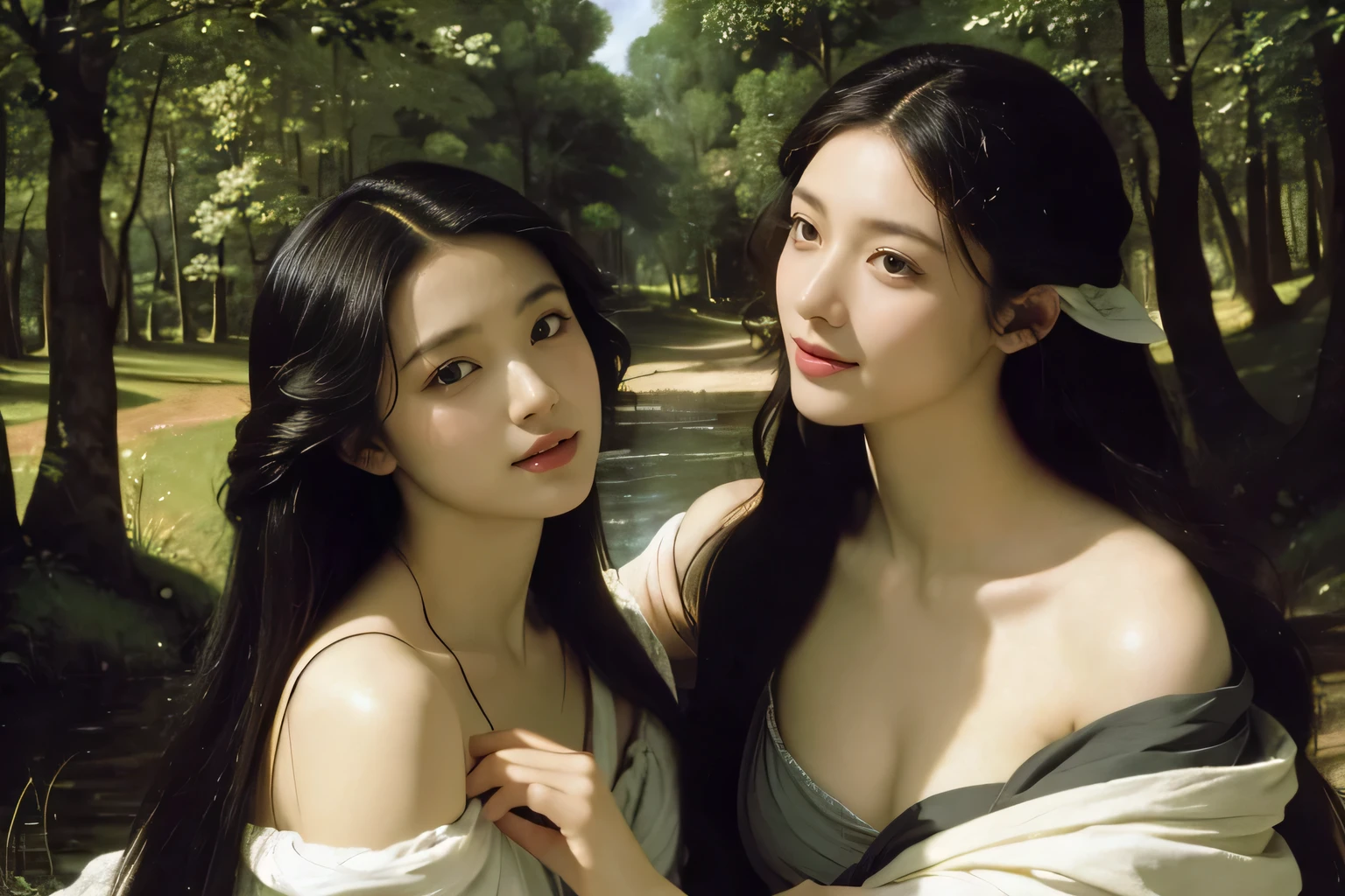 Giorgione painting style,Barbizon forest A beautiful woman in Greek dress smiles on the shore,Sweet and seductive appearance.、Caravaggio's paintings、Chiaroscuro of Caravaggio、hair tousled by the wind,Two women frolicking,cute smile, expression of ecstasy,Sexy,erotic, full body portrait