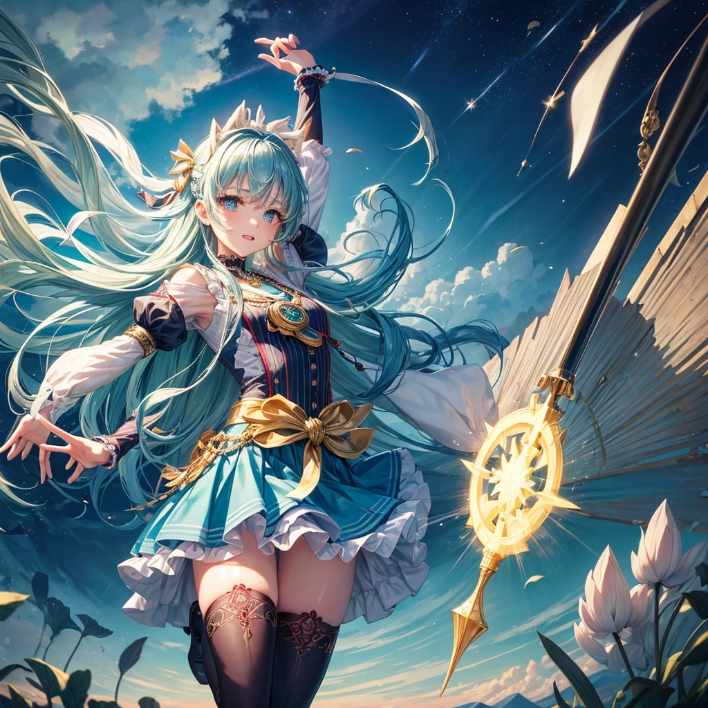Aqua blue hair、Golden Eyes、Braid、One good looking girl、solo、anime、Checkered mini skirt、Ruffles on the skirt、Red T-shirt、Cape、Gothic、Black knee-high socks、bandana、Fluffy clothes、Wearing a ribbon、Ribbon on waist、Tilting face、Teeth are visible、Sunset sky、Piercing the clouds、Contrail、lotus leaves、Cumulonimbus、Pillar of Light、Silver coin necklace、A world of light、Spreading his arms for balance、shine、From above、Hell&#39;s Gate