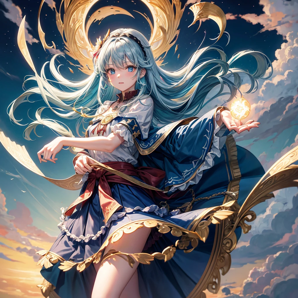 Aqua blue hair、Golden Eyes、Braid、One good looking girl、solo、anime、Checkered mini skirt、Ruffles on the skirt、Red T-shirt、Cape、Gothic、Black knee-high socks、bandana、Fluffy clothes、Wearing a ribbon、Ribbon on waist、Tilting face、Teeth are visible、Sunset sky、Piercing the clouds、Contrail、lotus leaves、Cumulonimbus、Pillar of Light、Silver coin necklace、A world of light、Spreading his arms for balance、shine、From above、Hell&#39;s Gate