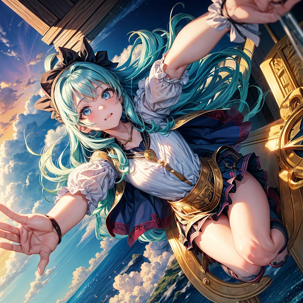 Aqua blue hair、Golden Eyes、Braid、One good looking girl、solo、anime、Checkered mini skirt、Ruffles on the skirt、Red T-shirt、Cape、Gothic、Black knee-high socks、bandana、Fluffy clothes、Wearing a ribbon、Ribbon on waist、Tilting face、Teeth are visible、Sunset sky、Piercing the clouds、Contrail、lotus leaves、Cumulonimbus、Pillar of Light、Silver coin necklace、A world of light、Spreading his arms for balance、shine、From above、Hell's Gate