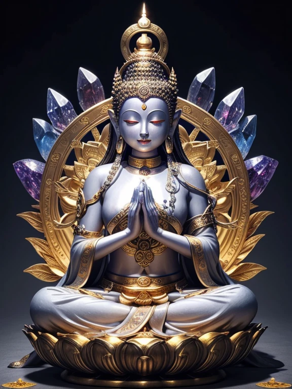 (Buddhist paradise、Gold Dust、Silver、Ruri、agate、Several large crystals)、Kannon Bodhisattva、Amitabha is coming、Detailed eyes、Detailed face、Detailed nose、Detailed ears、Golden aura shining、白Silver色の明るい世界、Seated on a lotus pedestal、Official artwork、(masterpiece、highest quality、High resolution、8k)、The composition is excellent、