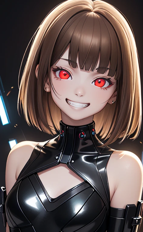 (Photorealistic:1.4)、(,20-year-old:1.5),(masterpiece、lens flare:1.5、spot light:1.2、Exquisite beautiful eye:1.5,portlate),(kind eyes、tareme:1.9),()
、Cute Face、 3D Face、(light brown hair:1.5)、(short hair),(very long sidelock :1.5),(blunt bangs:1.3),(1 woman)、(Red eyes:1.2)、(upper body:1.5)、(grin:1.5)、(head tilt) ,(Cute face:1.2),(flat chest),(),kind face,(cyber punk fashion),(black background:1.5)、(glowing eyes:1.3)、()、 Neat and clean、Adorable、Demure,Slim Body(),Shiny Hair、()、Nijisketch,Manga,smiley face, grin