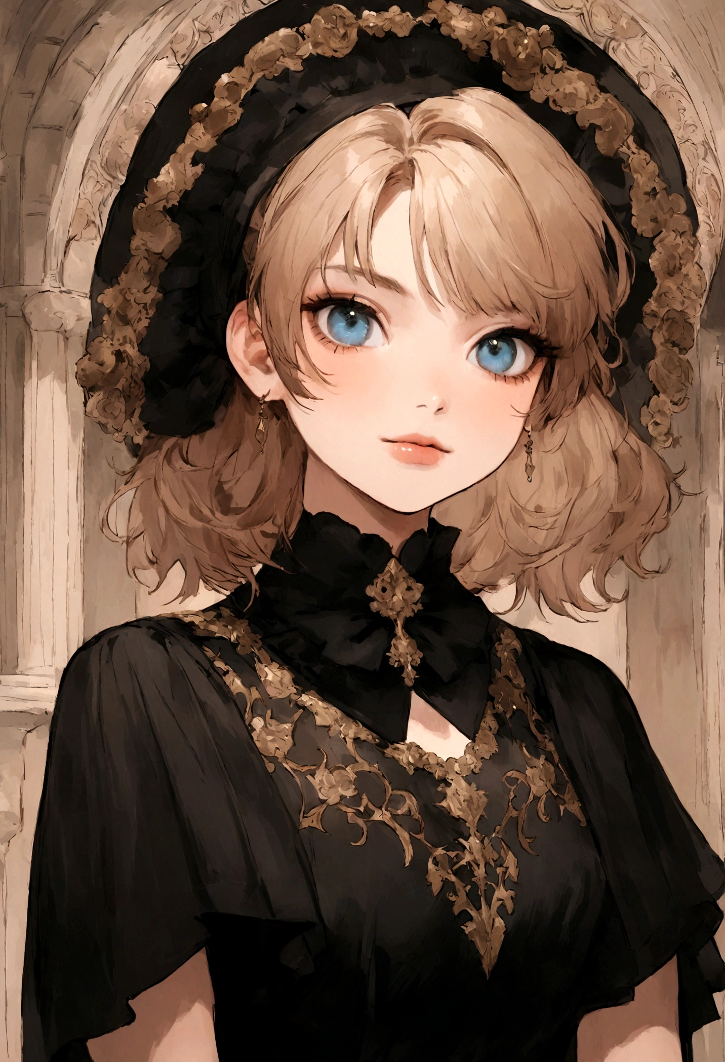 a woman poses in a black dress, in the style of soft edges and atmospheric effects, romanesque, pop inspo, michael malm, close-up shots, the blue rider, warmcore --ar 1:2 --stylize 750 --v 6