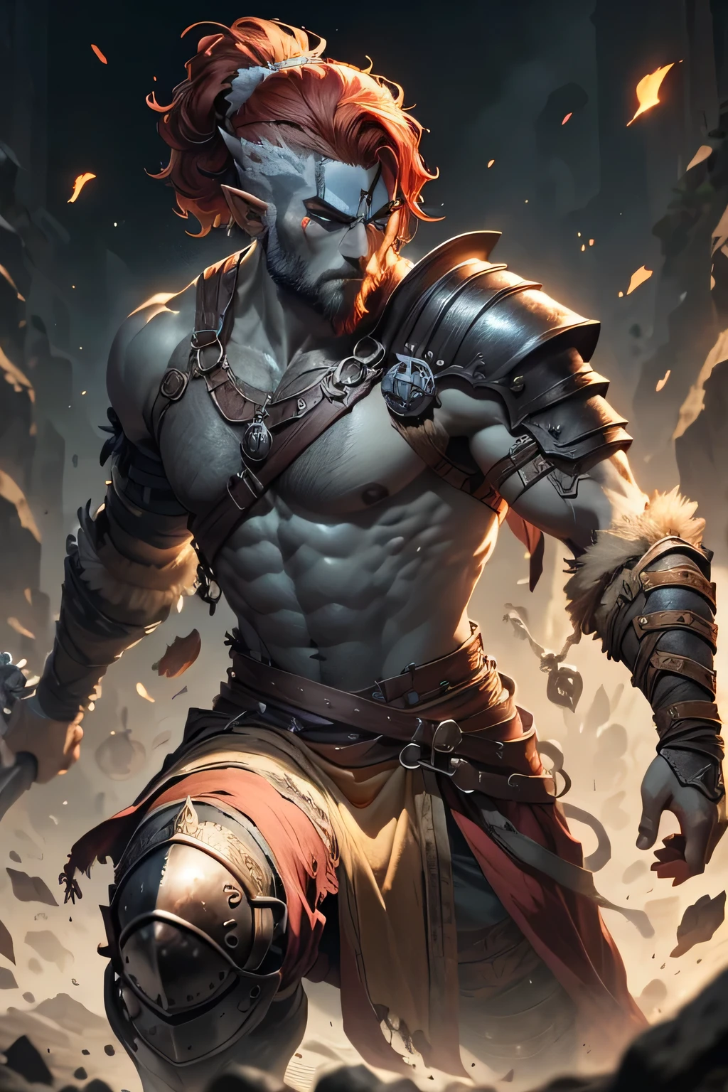 ded medieval male warrior, gray skin, Red hair, ::gray skin, earth genasi, fighting pose, he has ::grayish skin, ::gray tone in your skin, ded rpg genasi