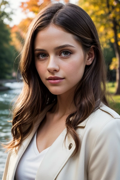 (best quality, 4k, 8k, highres, masterpiece:1.2), ultra-detailed, realistic, (photorealistic:1.37), beautiful detailed eyes, beautiful detailed lips, extremely detailed face, long eyelashes, intimate view, classic oil painting, vibrant colors, warm tones, atmosphere, young and beautiful, Teresa Palmer, slim and slender, timid expression, random hairstyle, detailed hair, flawless skin texture, perky, gentle breeze, sexy and feminine pose, light smile, short open jacket coat, walking in a park next to a river, Denmark, winter time, afternoon, {{{Front POV}}}, rim lighting, dimly lit, 30 year old.