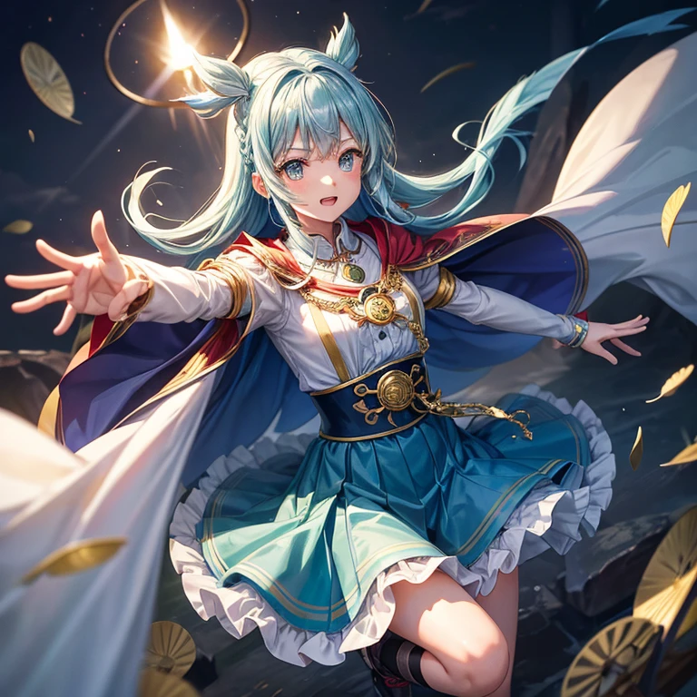 Aqua blue hair、Golden Eyes、Braid、One good looking girl、solo、anime、Checkered mini skirt、Ruffles on the skirt、Red T-shirt、Cape、Gothic、Black knee-high socks、bandana、Fluffy clothes、Wearing a ribbon、Ribbon on waist、Tilting face、Teeth are visible、Sunset sky、Piercing the clouds、Contrail、lotus leaves、Cumulonimbus、Pillar of Light、Silver coin necklace、A world of light、Spreading his arms for balance、shine、From above、Hell&#39;s Gate