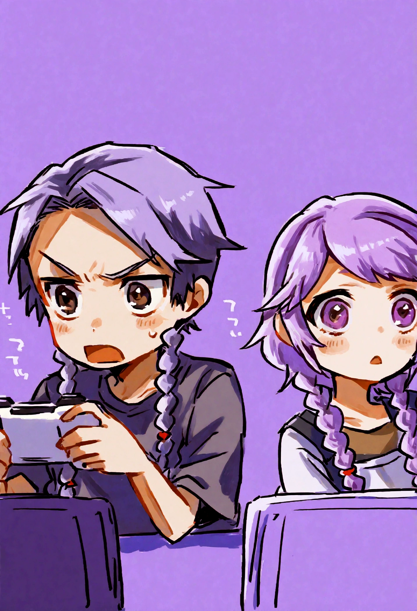 Two people, A boy and a girl, Two children playing video games, one girl has double Fried Dough Twists braids, (((white to purple hair))), the other girl has short hair, On the opposite side, kaeruyama yoshitaka