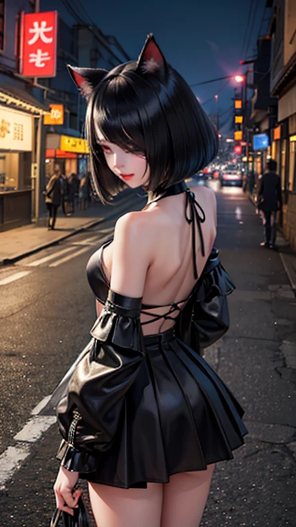 evildoer、girl、Hiding one eye、Black Hair、Bobcut、Black Veil、Black flared mini skirt、Eyes、Cat ear、cute、Standing pose、２０generation、tall、eight-headed body、Back alley at night、Neon lights in the distance