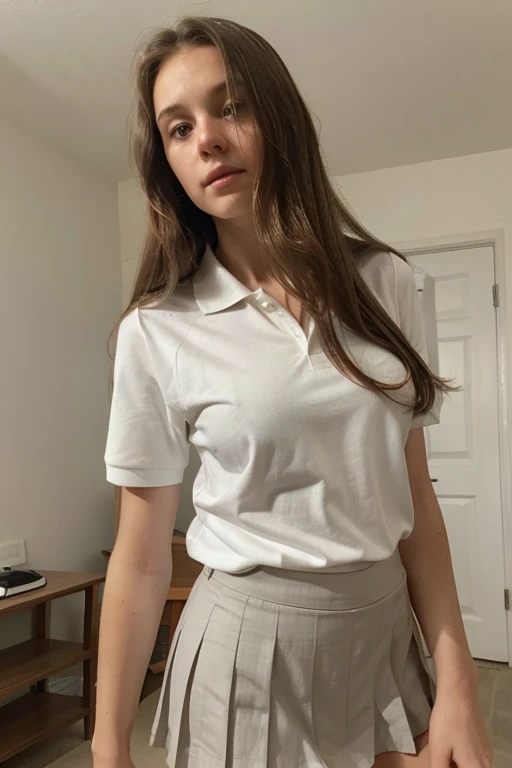 white woman about 18 years old, long straight light brown hair wearing a white short sleeve polo shirt and a short gray pleated skirt. front view looking at the viewer inside a room.
