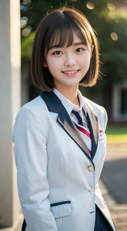 (highest quality,8K quality,masterpiece:1.3),(Super high resolution,Photoreal:1.4,Raw photo),(super detailed,caustics,detailed background),(ultra-realistic capture,Beautifully detailed skin,perfect anatomy),at dusk,sunset sky,school building,schoolyard,18-year-old,cute,single eyelid,black short bob,School Blazer Uniform,look at the camera,laughter,bust up shot,natural soft light