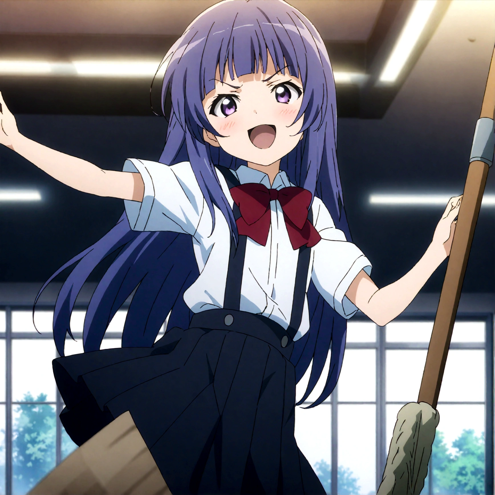 score_9,score_8, score_8_up, BREAK 1girl, solo, furude rika, (tween), kawaii, blue hair, purple eyes, long hair, blunt bangs, bangs,, bow, skirt, shirt, suspenders, smile, short sleeves, pleated skirt, white shirt, open mouth, :d, red bow, facing viewer,^_^,smug,suspender skirt, black skirt, collared shirt, blush, bowtie, blunt bangs, dress shirt,masterpiece, best quality, source_anime,ceiling, ceiling light, great lighting, detailed shadows, detailed body, anime artwork,anime style, key visual, vibrant, studio anime, highly detailed, anime coloring,,battle stance,(fullbody),spread leg,holding mop,Sweeping the floor,motion blur,motion lines,dynamic angle,