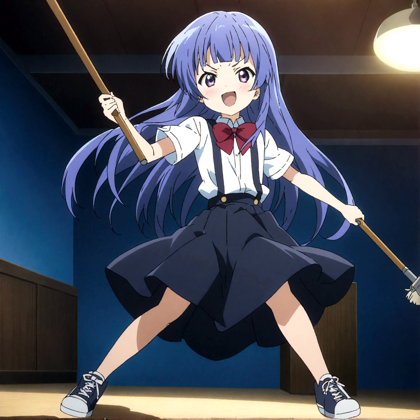 score_9,score_8, score_8_up, BREAK 1girl, solo, furude rika, (tween), kawaii, blue hair, purple eyes, long hair, blunt bangs, bangs,, bow, skirt, shirt, suspenders, smile, short sleeves, pleated skirt, white shirt, open mouth, :d, red bow, facing viewer,^_^,smug,suspender skirt, black skirt, collared shirt, blush, bowtie, blunt bangs, dress shirt,masterpiece, best quality, source_anime,ceiling, ceiling light, great lighting, detailed shadows, detailed body, anime artwork,anime style, key visual, vibrant, studio anime, highly detailed, anime coloring,,battle stance,(fullbody),spread leg,holding mop,Sweeping the floor,motion blur,motion lines,dynamic angle,